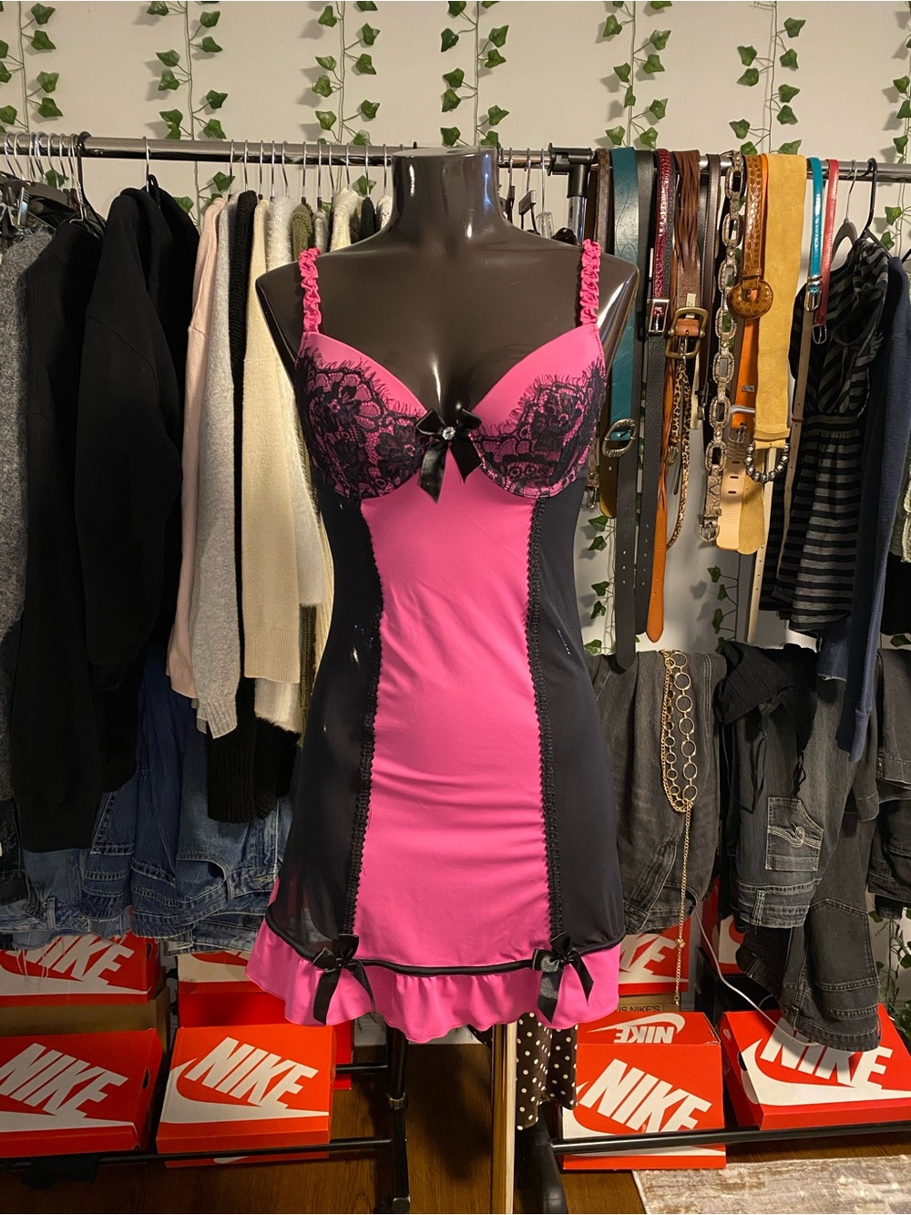 La Vie En Rose Hot Pink and Black Lace Lingerie Dress